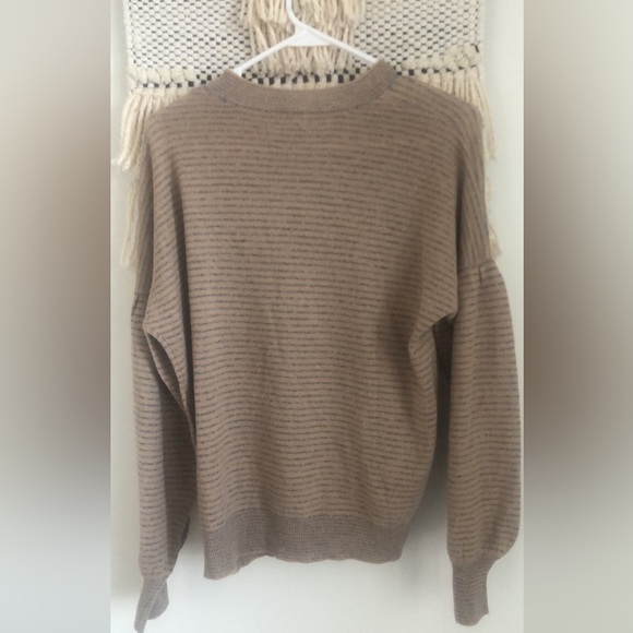 NWT 27 MILES Malibu Revolve 100% Cashmere Striped Crewneck Bishop Sleeve Camel - Picture 2 of 6